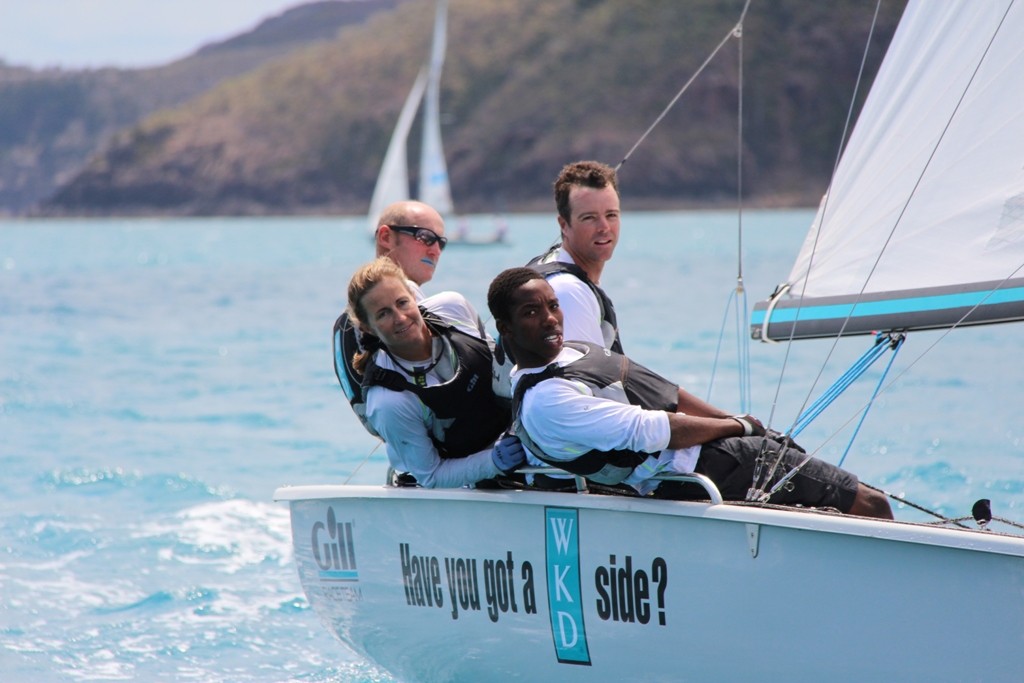 L-R WDK crew Geoff Carveth Lesley Dhonau Roger Hudson & Asenathi Jim   © Katie Ashworth/SB20 Class